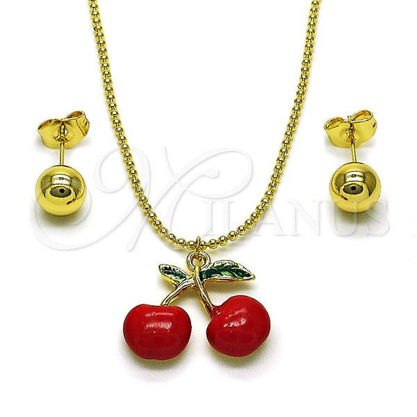 Juego de Arete y Dije de Adulto 10.417.0018 Oro Laminado, Diseño de Cereza y Bola, Esmaltado Rojo, Tono Dorado