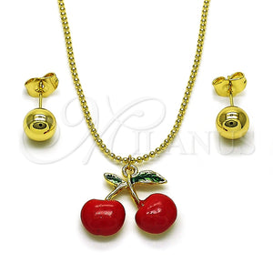 Juego de Arete y Dije de Adulto 10.417.0018 Oro Laminado, Diseño de Cereza y Bola, Esmaltado Rojo, Tono Dorado
