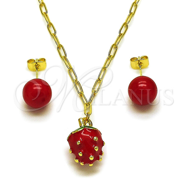 Juego de Arete y Dije de Adulto 10.417.0020 Oro Laminado, Diseño de Fresa y Paperclip, Esmaltado Rojo, Tono Dorado