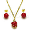 Juego de Arete y Dije de Adulto 10.417.0020 Oro Laminado, Diseño de Fresa y Paperclip, Esmaltado Rojo, Tono Dorado