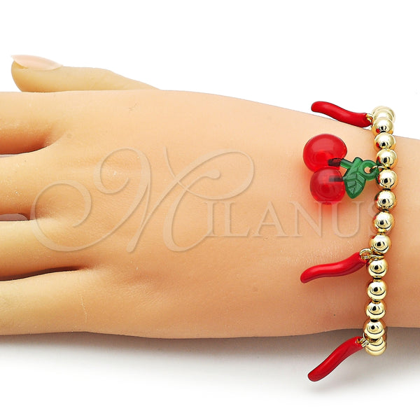 Pulsera Elegante 03.417.0010.08 Oro Laminado, Diseño de Cereza y Chili, con Granate Cristal, Esmaltado Rojo, Tono Dorado (06 MM Thickness, 8 Inches Length)