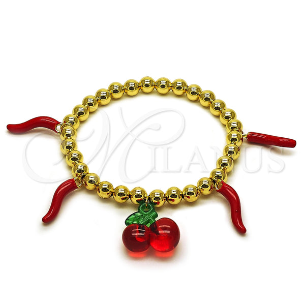 Pulsera Elegante 03.417.0010.08 Oro Laminado, Diseño de Cereza y Chili, con Granate Cristal, Esmaltado Rojo, Tono Dorado (06 MM Thickness, 8 Inches Length)