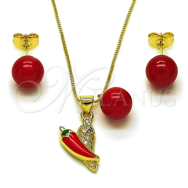 Juego de Arete y Dije de Adulto 10.417.0030 Oro Laminado, Diseño de Chili y Bola, con Blanca Micro Pave, Esmaltado Rojo, Tono Dorado