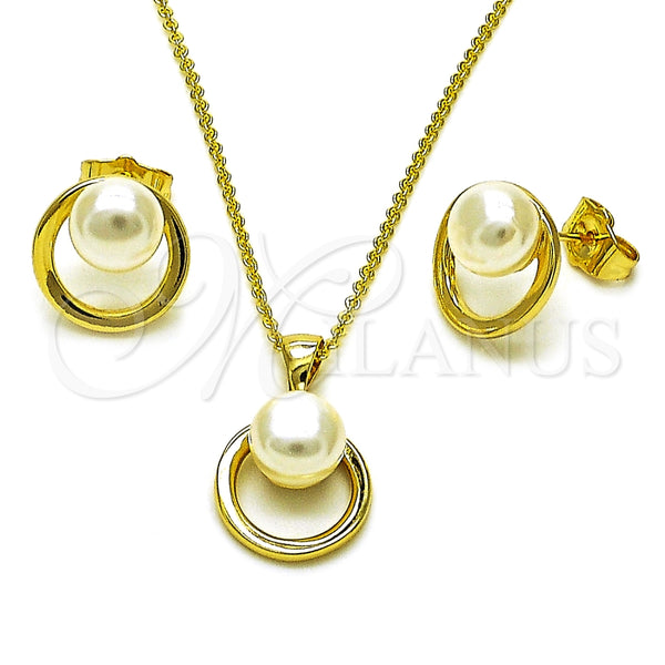 Juego de Arete y Dije de Adulto 10.156.0529 Oro Laminado, Diseño de Bola y Rolo, con Marfil Perla, Pulido, Tono Dorado