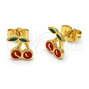 Arete Dormilona 02.156.0708 Oro Laminado, Diseño de Cereza, Esmaltado Rojo, Tono Dorado