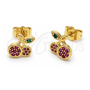 Arete Dormilona 02.344.0165 Oro Laminado, Diseño de Cereza, con Micro Pave Rubi y Verde, Pulido, Tono Dorado