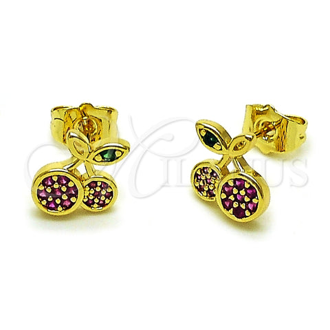 Arete Dormilona 02.344.0165 Oro Laminado, Diseño de Cereza, con Rubi and Verde Micro Pave, Pulido, Tono Dorado