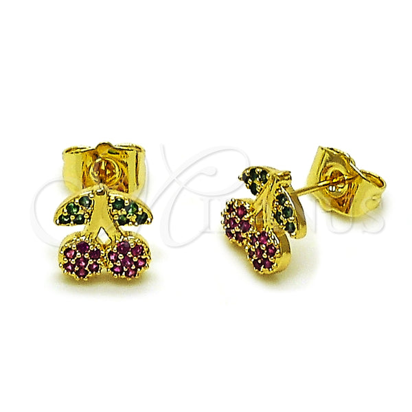 Arete Dormilona 02.344.0166 Oro Laminado, Diseño de Cereza, con Rubi and Verde Micro Pave, Pulido, Tono Dorado