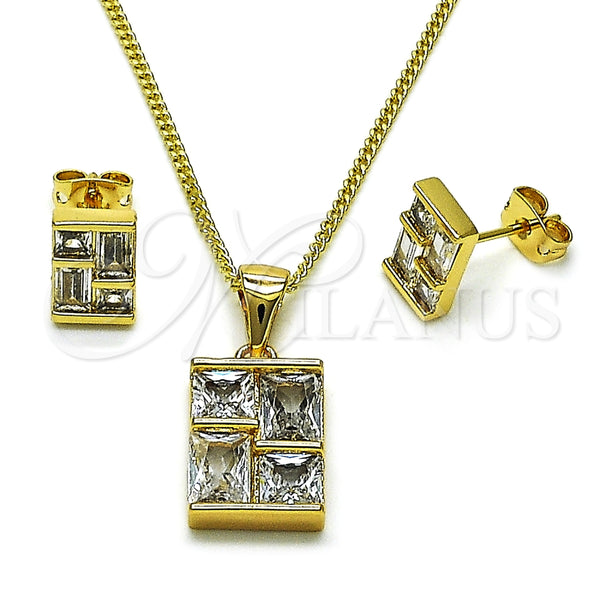 Juego de Arete y Dije de Adulto 10.342.0218 Oro Laminado, Diseño de Baguette, con Blanca Zirconia Cubica, Pulido, Tono Dorado