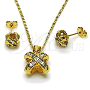 Juego de Arete y Dije de Adulto 10.342.0223 Oro Laminado, Diseño de Baguette y Nudo, con Zirconia Cubica Blanca, Pulido, Tono Dorado