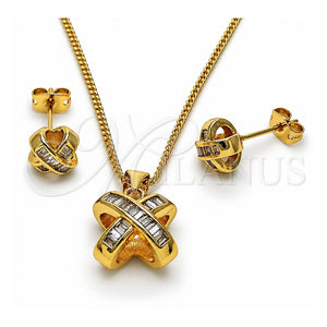Juego de Arete y Dije de Adulto 10.342.0223 Oro Laminado, Diseño de Baguette y Nudo, con Zirconia Cubica Blanca, Pulido, Tono Dorado