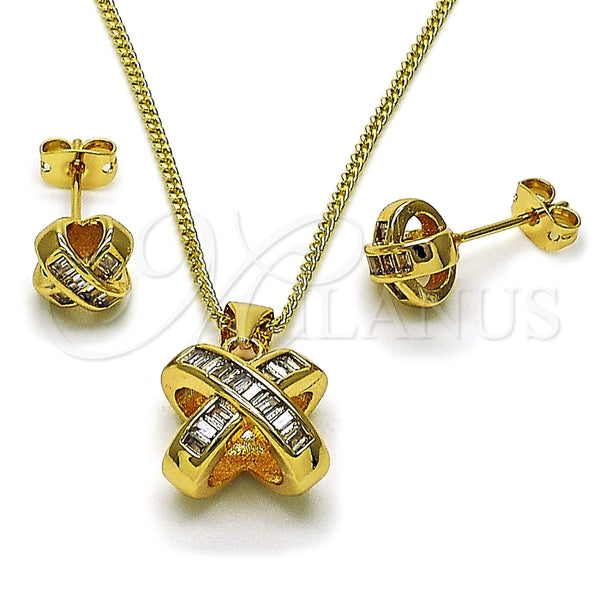 Juego de Arete y Dije de Adulto 10.342.0223 Oro Laminado, Diseño de Baguette y Nudo, con Zirconia Cubica Blanca, Pulido, Tono Dorado
