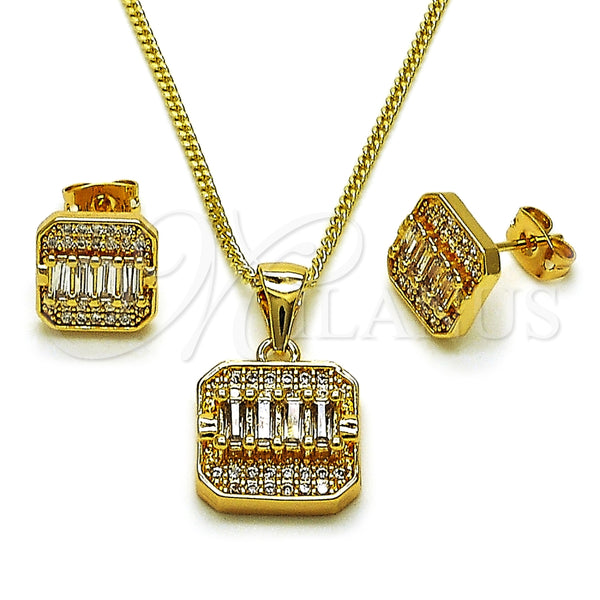 Juego de Arete y Dije de Adulto 10.342.0238 Oro Laminado, Diseño de Baguette, con Blanca Zirconia Cubica, Pulido, Tono Dorado