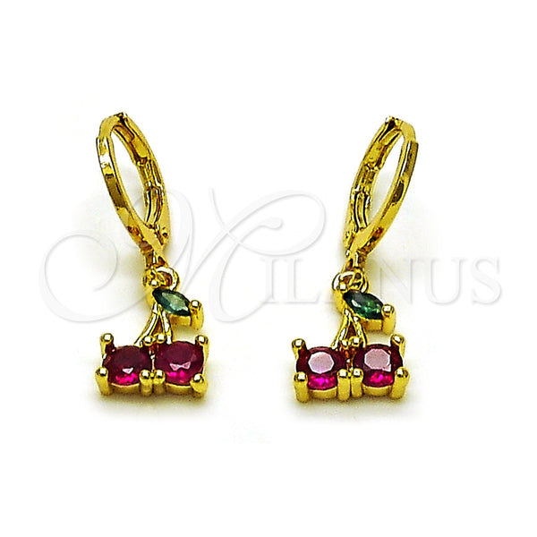 Arete Colgante 02.411.0079 Oro Laminado, Diseño de Cereza, con Rubi and Verde Zirconia Cubica, Pulido, Tono Dorado