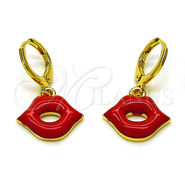 Arete Colgante 02.411.0080 Oro Laminado, Diseño de Labios, Esmaltado Rojo, Tono Dorado