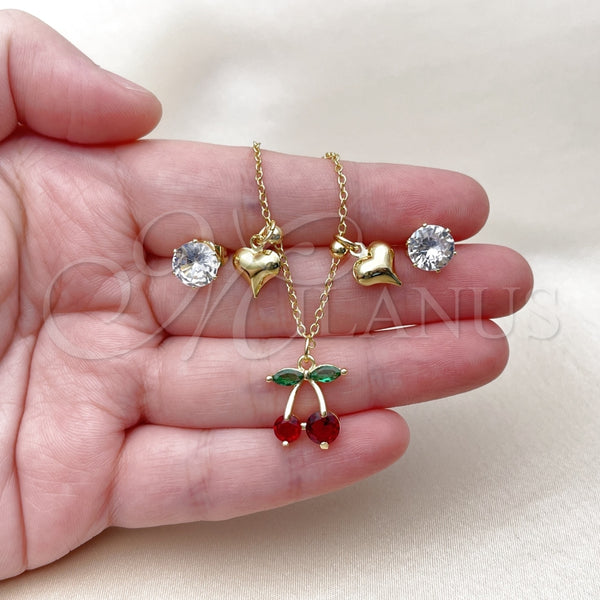 Juego de Arete y Dije de Adulto 10.411.0016 Oro Laminado, Diseño de Cereza y Corazón, con Blanca and Granate Zirconia Cubica, Pulido, Tono Dorado