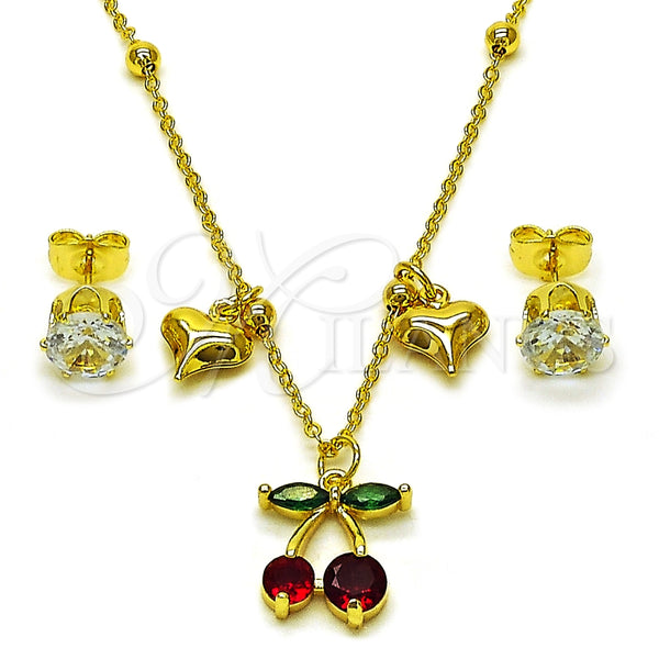 Juego de Arete y Dije de Adulto 10.411.0016 Oro Laminado, Diseño de Cereza y Corazón, con Blanca and Granate Zirconia Cubica, Pulido, Tono Dorado