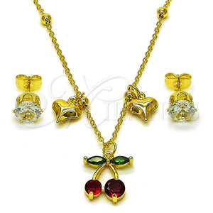 Juego de Arete y Dije de Adulto 10.411.0016 Oro Laminado, Diseño de Cereza y Corazón, con Blanca and Granate Zirconia Cubica, Pulido, Tono Dorado