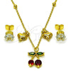 Juego de Arete y Dije de Adulto 10.411.0016 Oro Laminado, Diseño de Cereza y Corazón, con Blanca and Granate Zirconia Cubica, Pulido, Tono Dorado