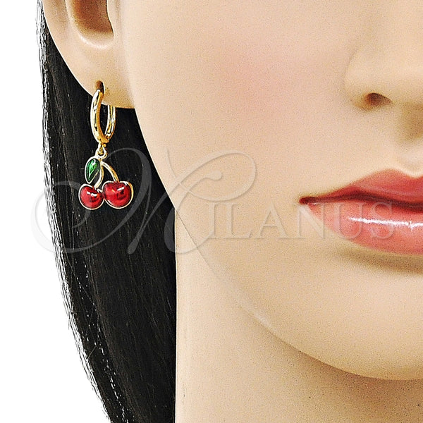 Arete Colgante 02.282.0031 Oro Laminado, Diseño de Cereza, Esmaltado Rojo, Tono Dorado