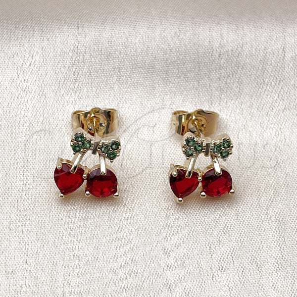 Arete Dormilona 02.283.0256 Oro Laminado, Diseño de Cereza y Arco, con Granate and Verde Zirconia Cubica, Pulido, Tono Dorado