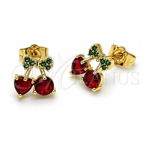 Arete Dormilona 02.283.0256 Oro Laminado, Diseño de Cereza y Arco, con Granate and Verde Zirconia Cubica, Pulido, Tono Dorado