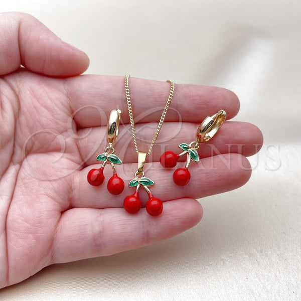 Juego de Arete y Dije de Adulto 10.284.0049 Oro Laminado, Diseño de Cereza, Esmaltado Rojo, Tono Dorado