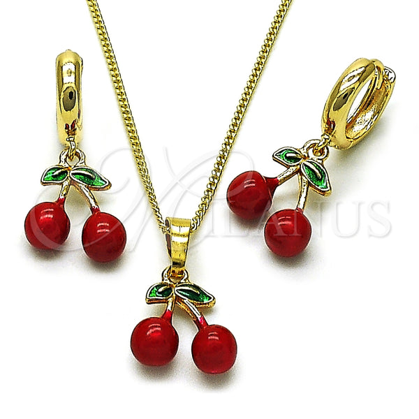 Juego de Arete y Dije de Adulto 10.284.0049 Oro Laminado, Diseño de Cereza, Esmaltado Rojo, Tono Dorado
