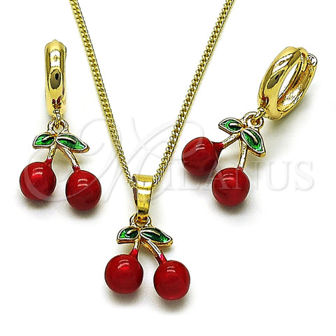 Juego de Arete y Dije de Adulto 10.284.0049 Oro Laminado, Diseño de Cereza, Esmaltado Rojo, Tono Dorado