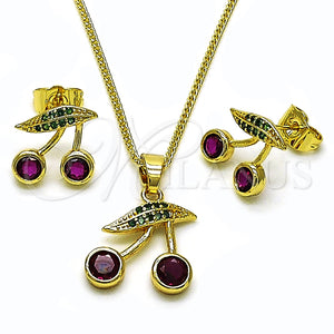 Juego de Arete y Dije de Adulto 10.283.0027 Oro Laminado, Diseño de Cereza, con Rubi Zirconia Cubica and Verde Micro Pave, Pulido, Tono Dorado