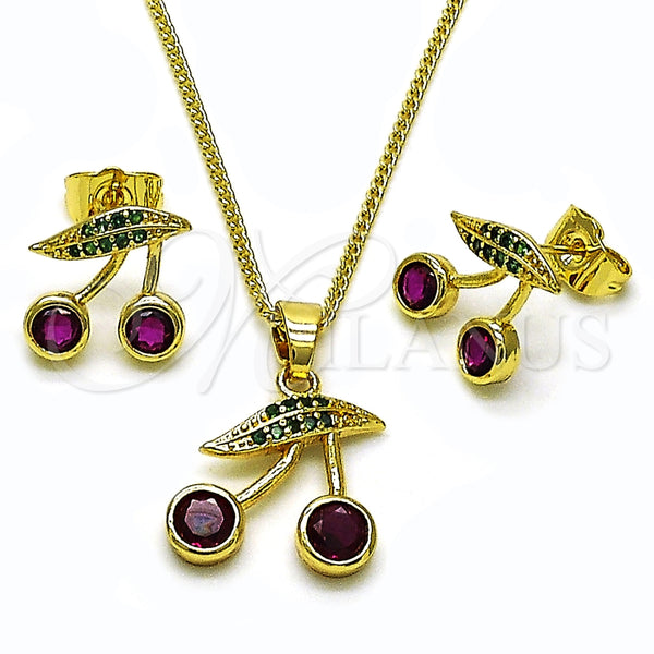 Juego de Arete y Dije de Adulto 10.283.0027 Oro Laminado, Diseño de Cereza, con Rubi Zirconia Cubica and Verde Micro Pave, Pulido, Tono Dorado
