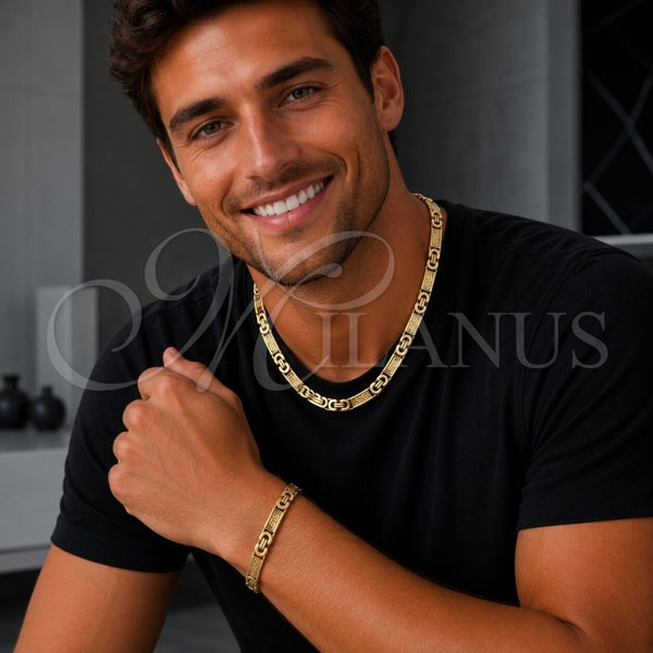 Collar y Pulsera 06.116.0009.1.22 Acero Inoxidable, Diseño de Llave Griega, Pulido, Tono Dorado