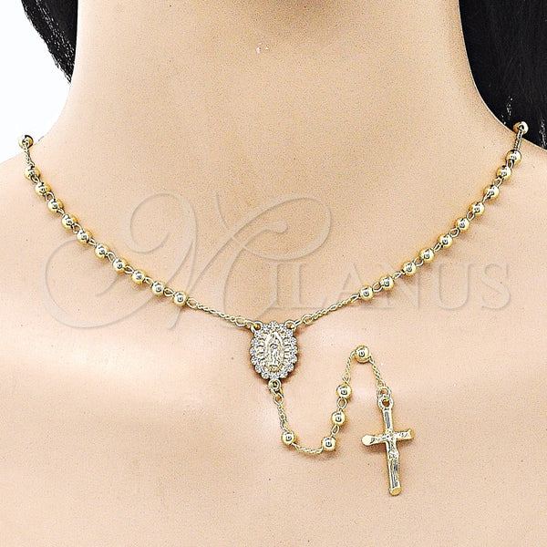 Rosario Fino 09.253.0080.22 Oro Laminado, Diseño de Guadalupe y Cruz, con Blanca Zirconia Cubica, Pulido, Tono Dorado