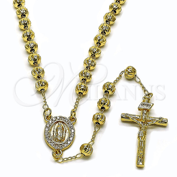 Rosario Mediano 09.253.0082.26 Oro Laminado, Diseño de Guadalupe y Crucifijo, con Blanca Zirconia Cubica, Diamantado, Tono Dorado