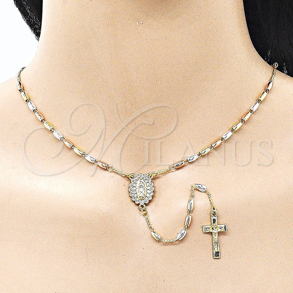 Rosario Fino 09.253.0083.24 Oro Laminado, Diseño de Guadalupe y Crucifijo, con Zirconia Cubica Blanca, Pulido, Tres Tonos