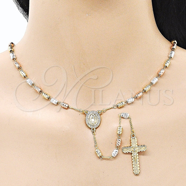 Rosario Fino 09.253.0084.26 Oro Laminado, Diseño de Guadalupe y Crucifijo, con Micro Pave Blanca, Diamantado, Tres Tonos