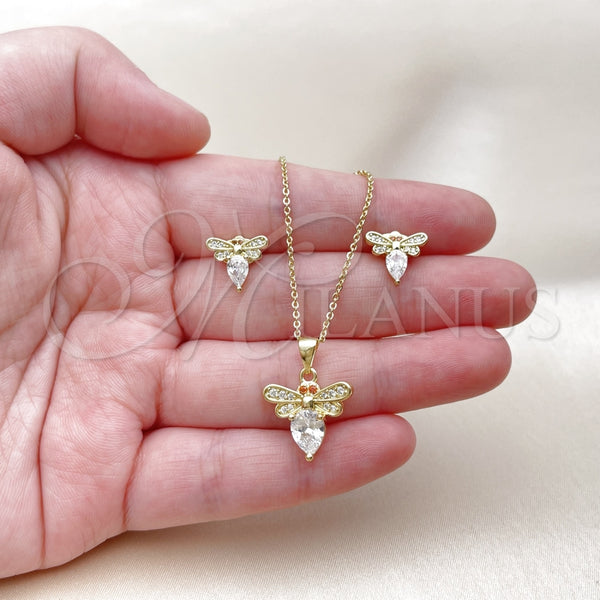 Juego de Arete y Dije de Adulto 10.156.0535 Oro Laminado, Diseño de Abeja, con Blanca and Granate Zirconia Cubica, Pulido, Tono Dorado