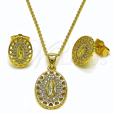 Juego de Arete y Dije de Adulto 10.156.0536 Oro Laminado, Diseño de Guadalupe y Corazón, con Blanca Micro Pave, Pulido, Tono Dorado