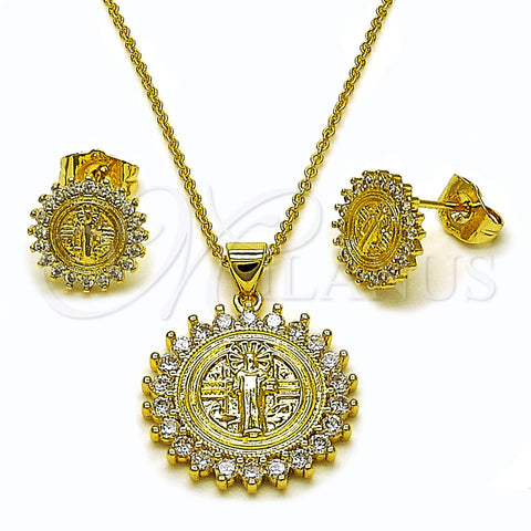 Juego de Arete y Dije de Adulto 10.156.0538 Oro Laminado, Diseño de San Benito, con Blanca Zirconia Cubica, Pulido, Tono Dorado