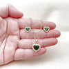 Juego de Arete y Dije de Adulto 10.156.0539 Oro Laminado, Diseño de Corazón y Cluster, con Zirconia Cubica Verde y Blanca, Pulido, Tono Dorado