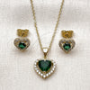 Juego de Arete y Dije de Adulto 10.156.0539 Oro Laminado, Diseño de Corazón y Cluster, con Zirconia Cubica Verde y Blanca, Pulido, Tono Dorado