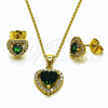 Juego de Arete y Dije de Adulto 10.156.0539 Oro Laminado, Diseño de Corazón y Cluster, con Zirconia Cubica Verde y Blanca, Pulido, Tono Dorado