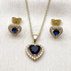 Juego de Arete y Dije de Adulto 10.156.0539.2 Oro Laminado, Diseño de Corazón y Cluster, con Zirconia Cubica Zafiro Azul y Blanca, Pulido, Tono Dorado