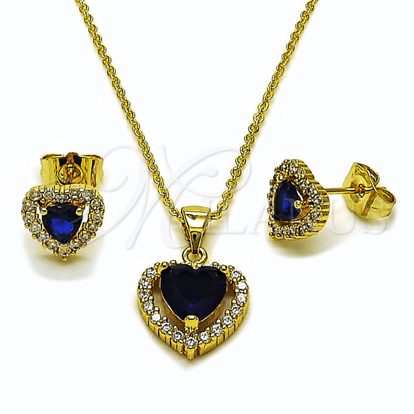 Juego de Arete y Dije de Adulto 10.156.0539.2 Oro Laminado, Diseño de Corazón y Cluster, con Zirconia Cubica Zafiro Azul y Blanca, Pulido, Tono Dorado