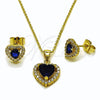 Juego de Arete y Dije de Adulto 10.156.0539.2 Oro Laminado, Diseño de Corazón y Cluster, con Zirconia Cubica Zafiro Azul y Blanca, Pulido, Tono Dorado