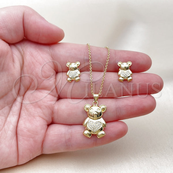 Juego de Arete y Dije de Adulto 10.156.0541 Oro Laminado, Diseño de Osito y Corazón, con Blanca Micro Pave, Pulido, Tono Dorado