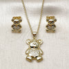 Juego de Arete y Dije de Adulto 10.156.0541 Oro Laminado, Diseño de Osito y Corazón, con Blanca Micro Pave, Pulido, Tono Dorado