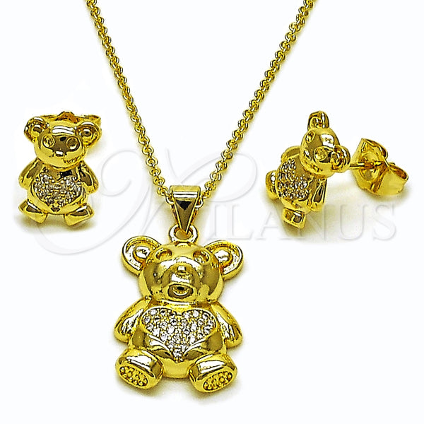 Juego de Arete y Dije de Adulto 10.156.0541 Oro Laminado, Diseño de Osito y Corazón, con Blanca Micro Pave, Pulido, Tono Dorado