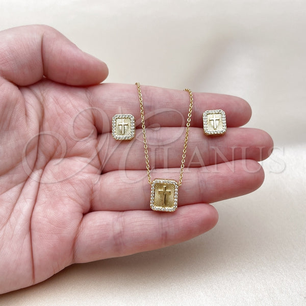 Juego de Arete y Dije de Adulto 10.156.0542 Oro Laminado, Diseño de Cruz, con Blanca Micro Pave, Diamantado, Tono Dorado