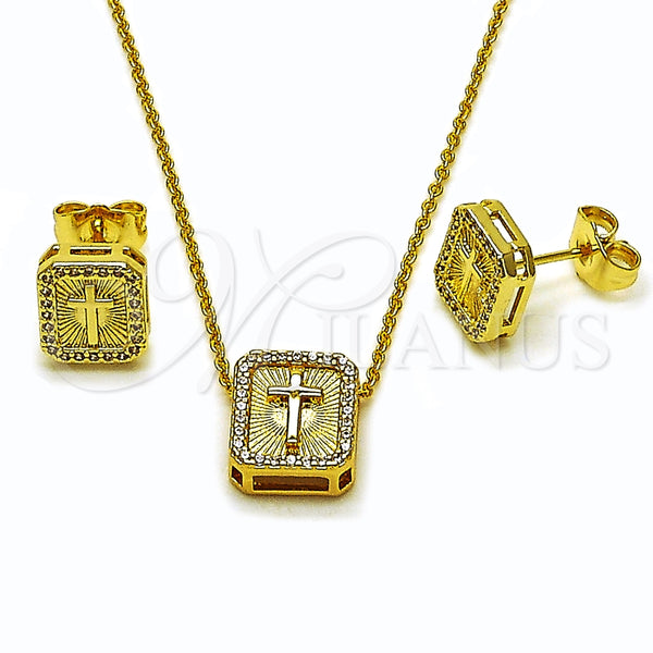 Juego de Arete y Dije de Adulto 10.156.0542 Oro Laminado, Diseño de Cruz, con Blanca Micro Pave, Diamantado, Tono Dorado